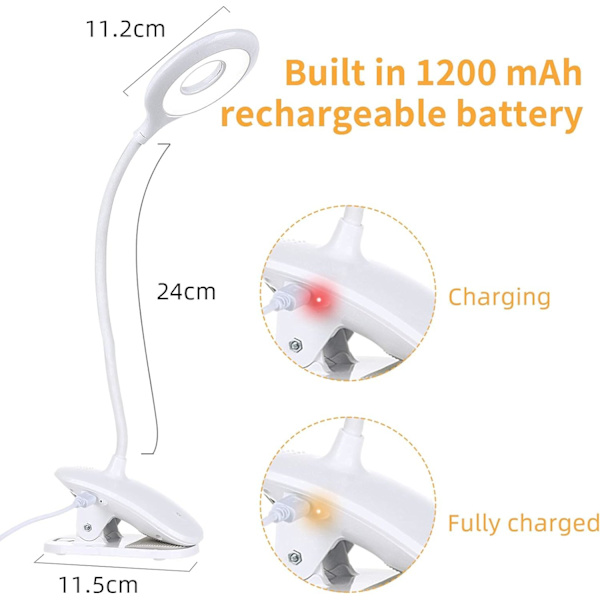 LED-bordslampa, läslampa 1200mAh Uppladdningsbar 16 lysdioder 3 ljusstarka