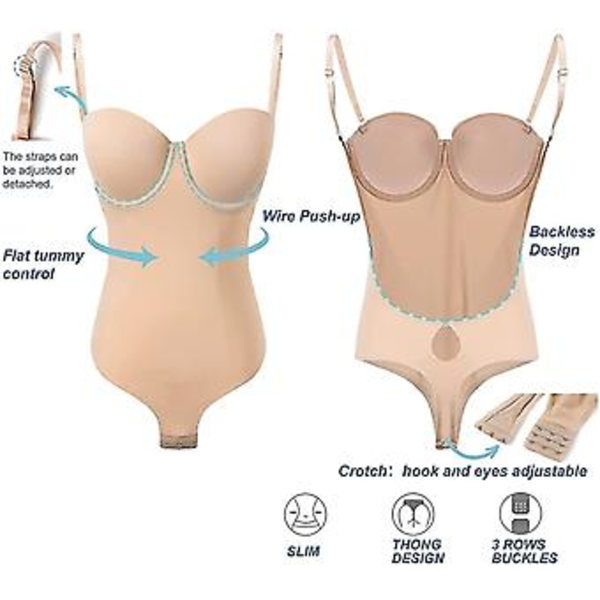 Rygglös Kroppsshaper för Kvinnor Push Up BH Låg Rygg Tanga Bodysuit-yvan Nude 2XL