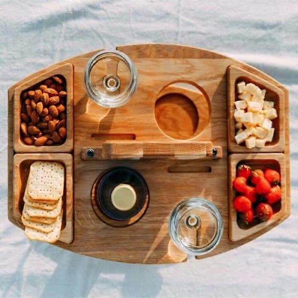 Bord Trä Picknickbord Med Glashållare Rund Fällbart Skrivbord Vinglasställ