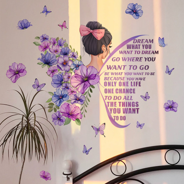 En set väggdekaler flicka blommor fjärilar ord Pretty Deco