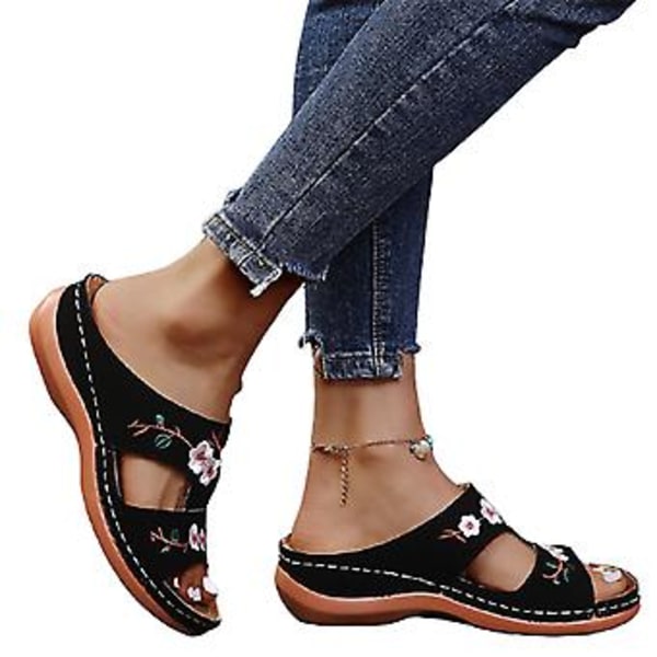 Damskor Ortopediska Bloom Sandaler Öppna Tår Plattformtofflor Sommar Strand Gummi Mjuk Sula (42 Svart)