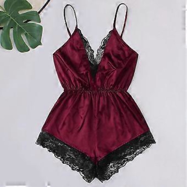 Kvinnlig sexig pyjamas V-ringad axelbandslös body i fusk satin spets sömnad romper nattkläder vida ben rygglös nattkläder (XL röd)