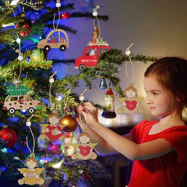 Trä julgransprydnader, 18 delar trä julgran dekoration med rep, trä julgran  hängsmycke, renar, ängel, tomte Cl 44ac | Fyndiq