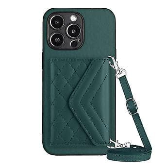 För iPhone 12 Pro Max Rombtexturerat Kortfack RFID-Mobilskal med Lång Snodd Green