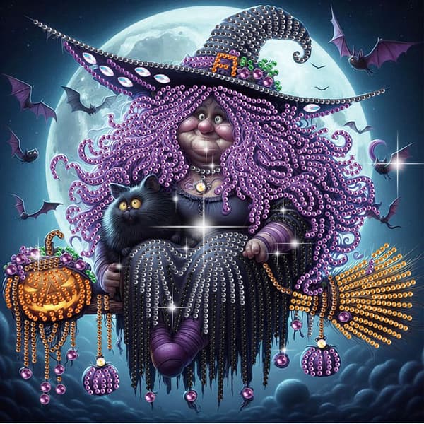 30x30cm Halloween Heks & Sort Kat Tema Form-Bore Diamantmaleri Sæt – Gør-det-selv Håndværkssæt