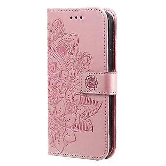 7-blad Blomsterpreget Lærveske til iPhone 15 Rose Gold
