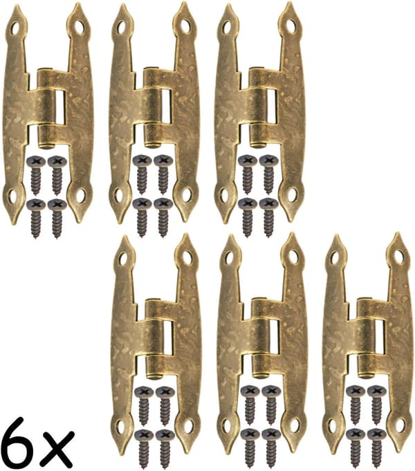 Sæt med 6 antikke hængsler, bronzejernsdesign, til skabe, døre