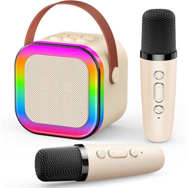 Karaoke barn - 2 trådløse mikrofoner - Bluetooth 5.3 - Diskolys - Genopladelig USB beige