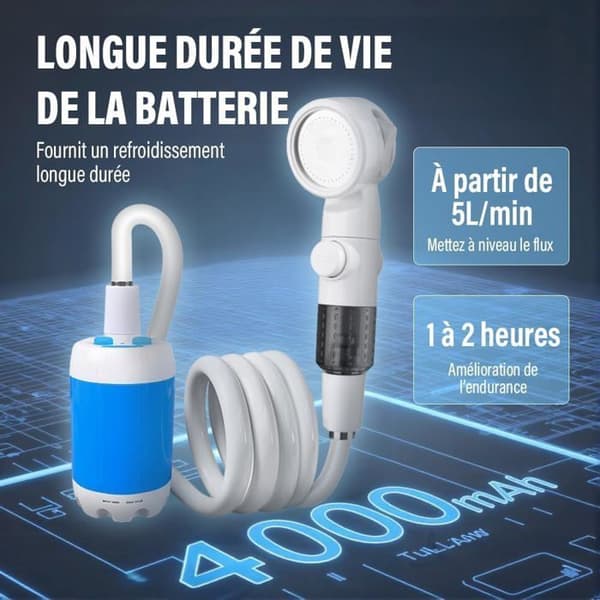 Bærbar campingbruser - 3 indstillinger - Batteri - Flow 5 l/min - Blå