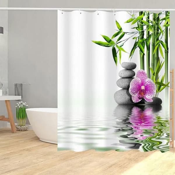 Duschdraperi - Zen bambu sjö stenar och blommor - ringar ingår - Polyester - vattentät - 180 x 200 cm