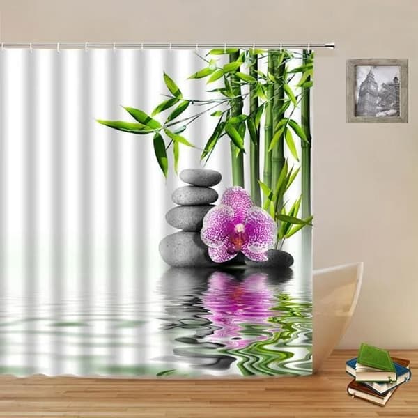 Duschdraperi - Zen bambu sjö stenar och blommor - ringar ingår - Polyester - vattentät - 180 x 200 cm