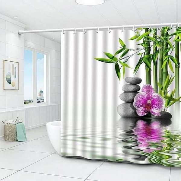 Duschdraperi - Zen bambu sjö stenar och blommor - ringar ingår - Polyester - vattentät - 180 x 200 cm