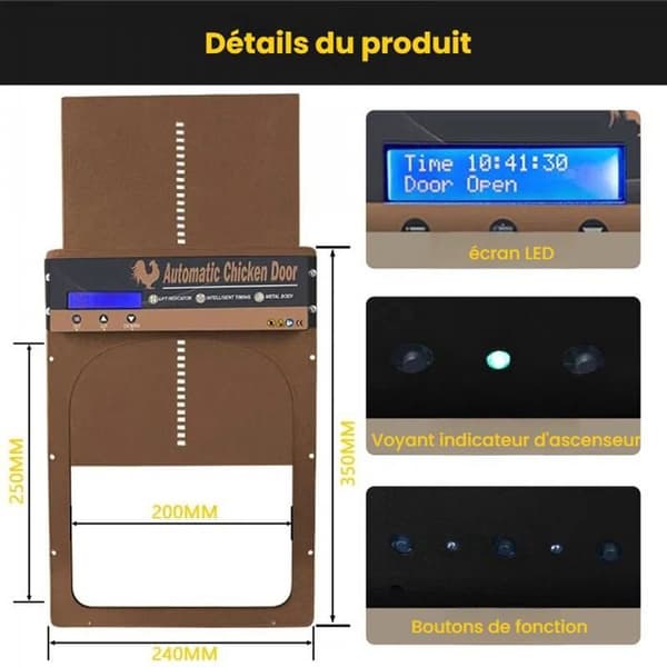 Automatisk hönshusdörr med timer - Aluminium/Stål - Solenergi - IP45 - LED-display