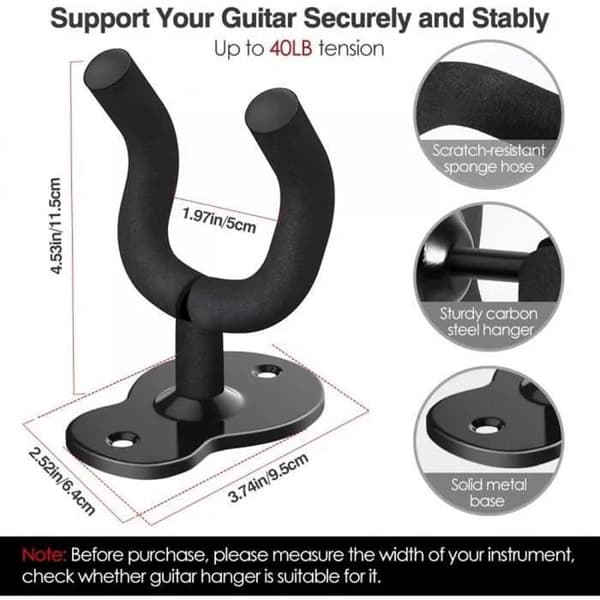 Stödvägg för gitarr - Svart - 3-pack - Kolfiberstål - Halkfri - Multifunktionell - Krokar för instrument