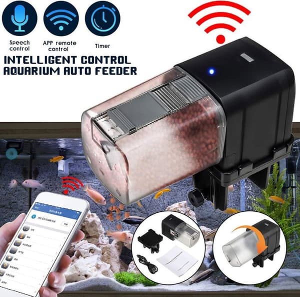 Automatisk foderdispenser för akvarium - PZCC - PZCC - Wi‑Fi 2.4G - LCD-skärm - Programmerbar timer Svart