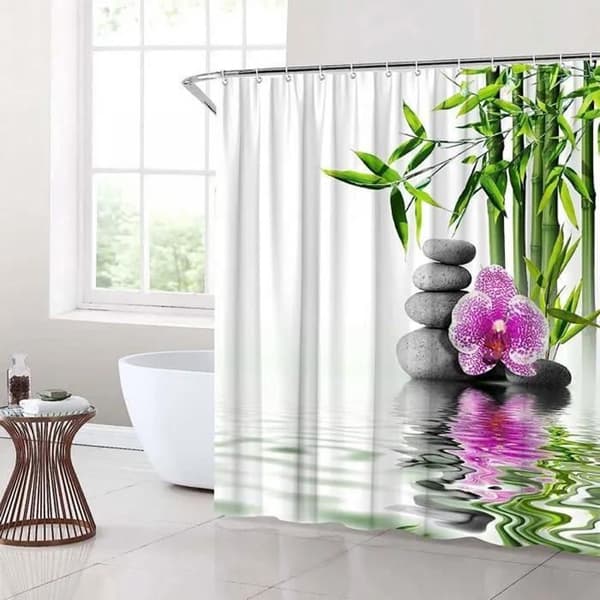 Duschdraperi - Zen bambu sjö stenar och blommor - ringar ingår - Polyester - vattentät - 180 x 200 cm