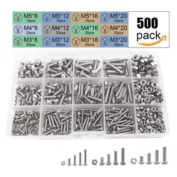 Vis og bolte - 500PCS - Rustfrit stål - Hexagonal - M3 M4 M5