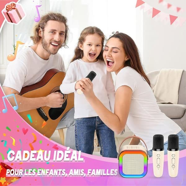 Karaoke barn - 2 trådløse mikrofoner - Bluetooth 5.3 - Diskolys - Genopladelig USB beige