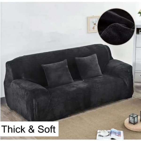 Sofaovertræk - Velour til 3-personers sofa - Sæt overtræk - Elastisk bånd - Europæisk stil - Sort - 190-230 cm