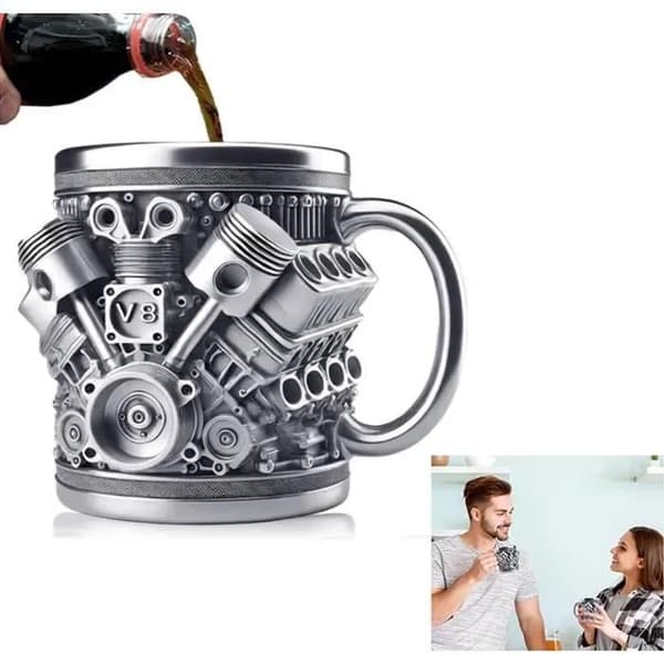 Kaffekop - V8 - 3D-design i form af en motor - Rustfrit stål - Grå