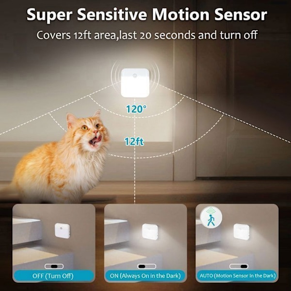 LED-nattlampor - SERBASIC - Pack 3 - Vit 6000K - Rörelsesensor - Uppladdningsbar USB - Magnetisk montering Vit 6000K (kallvit)
