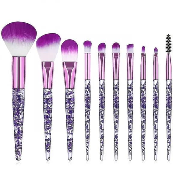 Makeupborstsats - 10 delar - Lila - Professionella - Glittrigt handtag