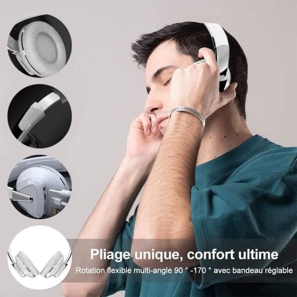 Bluetooth headset - Brillsten - 9D Audio - Integrated microphone - Hi-Fi Stereo - Foldable White Svartvitt