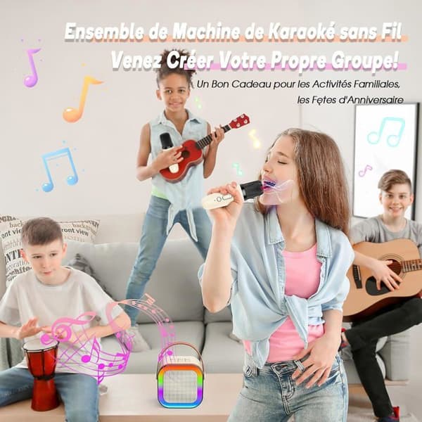Karaoke barn - 2 trådløse mikrofoner - Bluetooth 5.3 - Diskolys - Genopladelig USB beige