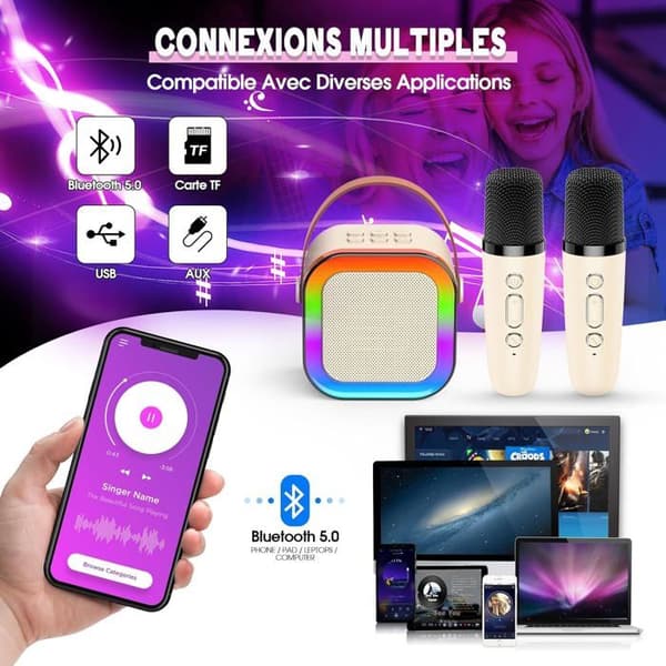 Karaoke barn - 2 trådløse mikrofoner - Bluetooth 5.3 - Diskolys - Genopladelig USB beige
