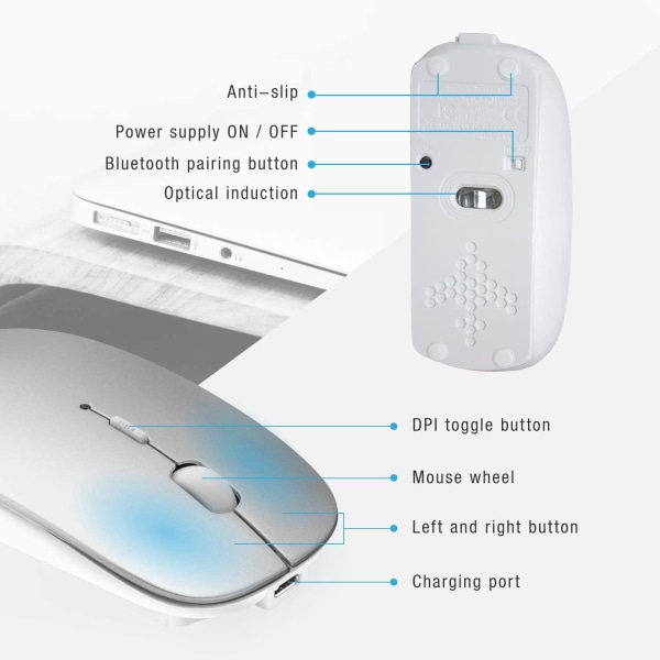 Bluetooth-mus for bærbar PC/iPad/iPhone/Mac (iOS 13.1.2 og senere) Silver