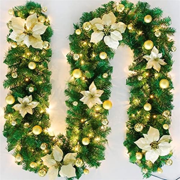 Keinotekoinen jouluseppele LED-valoilla Kultavihreä kuusen murattiseppele portaisiin, tulisijoihin, oviin