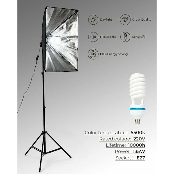 2 st 135W CFL Fotostudiolampa E27 5500K Ljus Fotografering Energisparlampa för Softbox Paraply