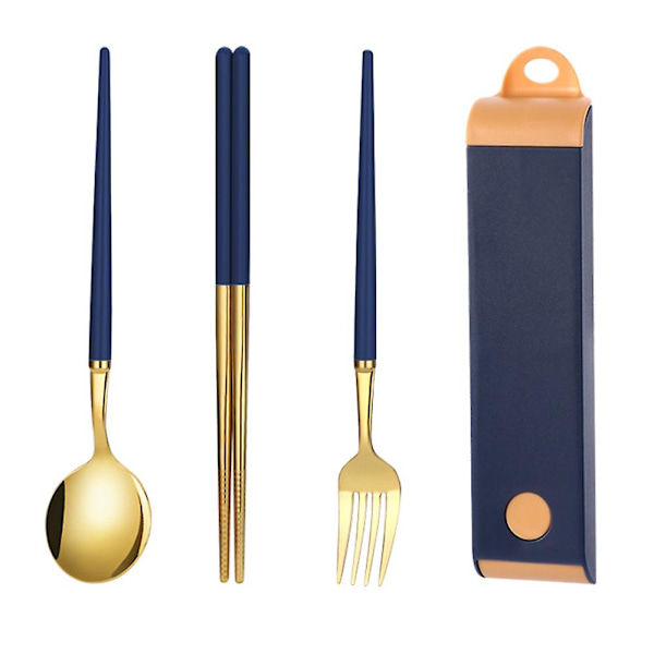 Gjenbrukbare reisebestikk i rustfritt stål sett med etui, bærbar matboks for camping og kontor dark blue