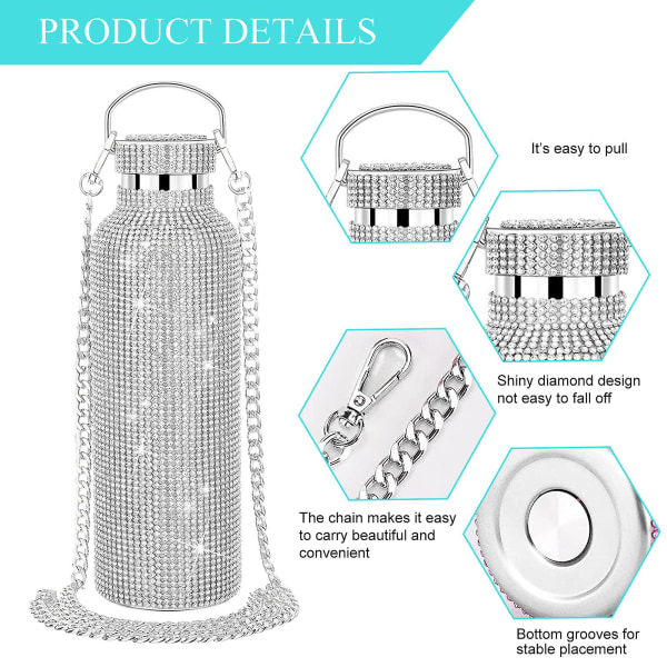 350ml 500ml 750ml Gjenbrukbar Bling Diamond termosflasker Bærbar glitter strass vannflaske rustfritt stål termisk 350ML Silver
