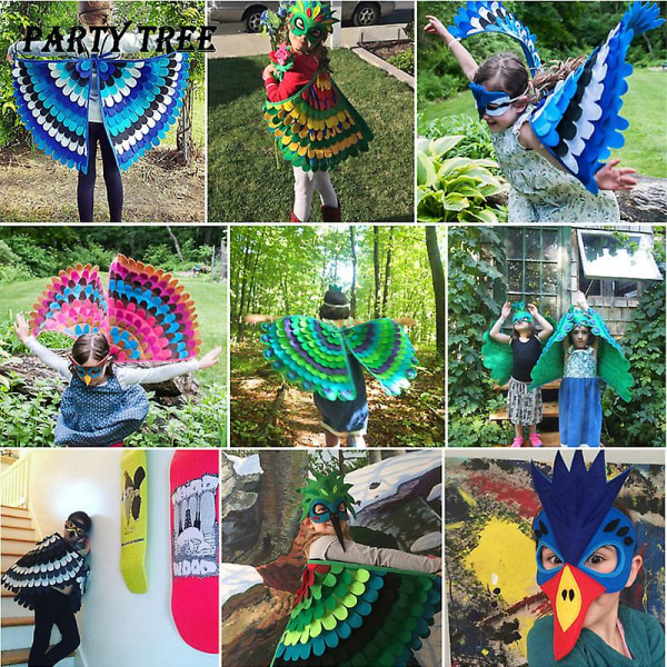 Birds Wings -asusetti Halloween Peacock Papukaija -viitta huopanaamiolla Lasten hieno pukeutuminen