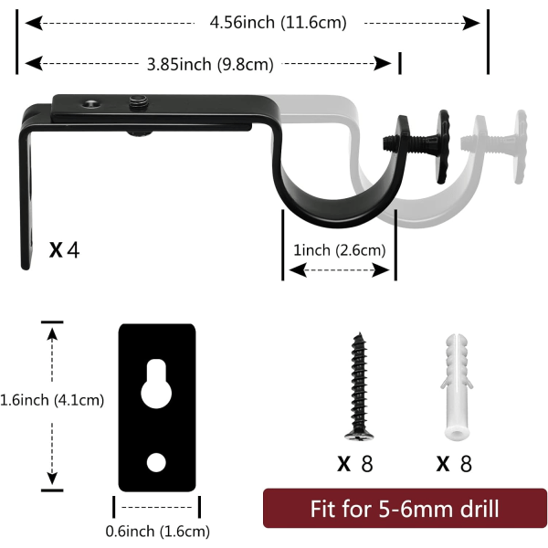 Verhotangon kiinnikkeet, säädettävät verhotangon kiinnikkeet, mustametalliset, raskaat verhotangon kiinnikkeet, pidike 25–28 mm verhotankoille, 4 kpl