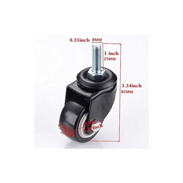 M8x25mm 4 stk. bærende 240kg trille roterende hjul PU møbelpulver erstatning (uten bremsehjul)