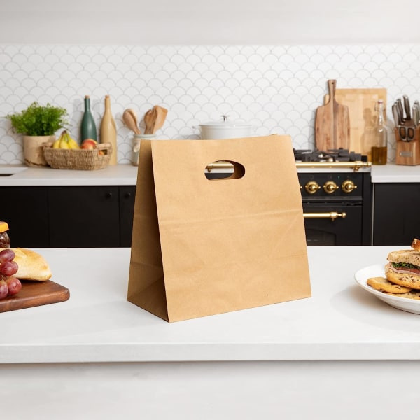 Naturlig 11" x 6" x 11" Die Cut Tote [paket med 100] Kraft Food Service Bags
