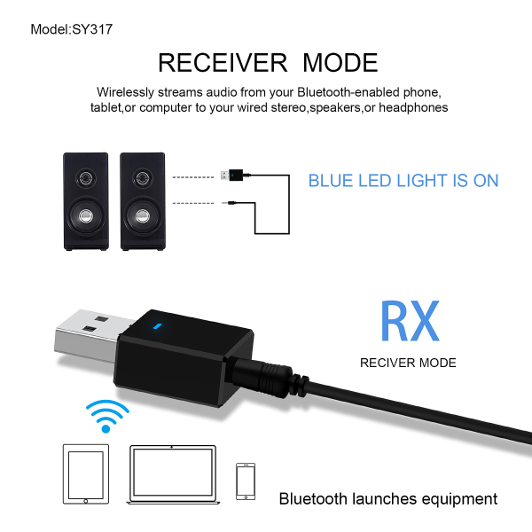 Bluetooth 5.0 -lähetin/vastaanotin-sovitin, AUX 3.5 mm, musta