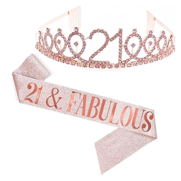 Kvinnor glittrande Rhinestone Brev Print Sash Tiara Set födelsedag Rose Gold 21 år gammal