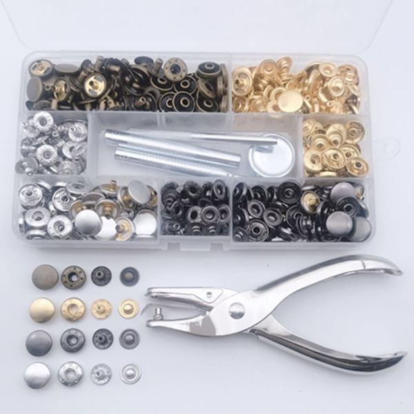 120 st 12,5 mm metallknappar och läder med snäppfästen