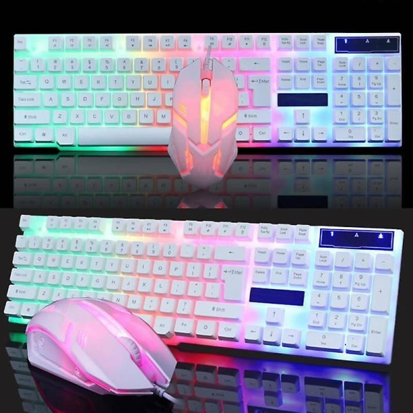 (Hvid) Gaming Office Tastatur Mus Sæt Anti-Slip USB LED-belysning til bærbar computer