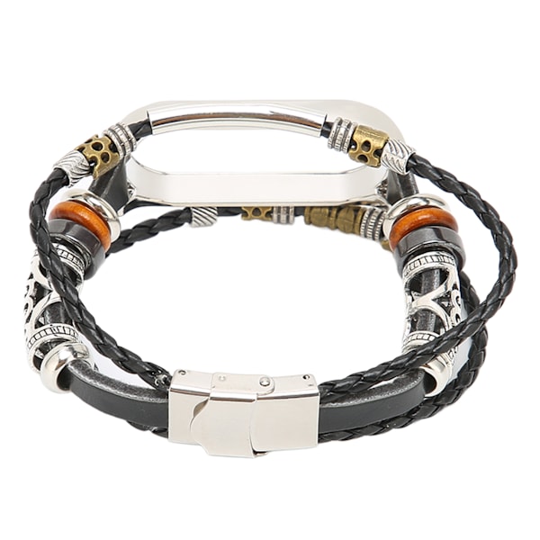 Retro Läderarmband för Xiaomi Mi Band 5/6 NFC Mode DIY Uppgradering Armband Svart Silver