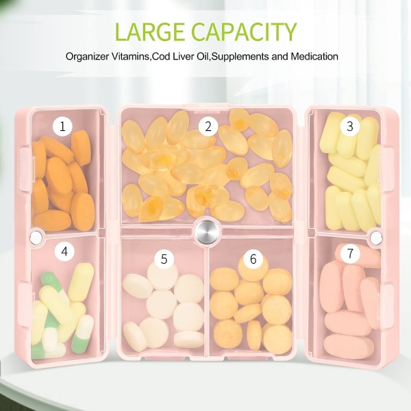7-dages pilleæske medicinopbevaringsboks [foldeligt design][stor kapacitet] pilleæsker Bærbar tabletdispenser til vitaminer medicin - Pink