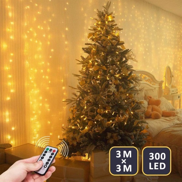 LED Gardinlys, Vanntett Belysning 3mx3m 300 LED, 8 Lysmoduser Fjernkontroll, Soveromsfest Juledekor