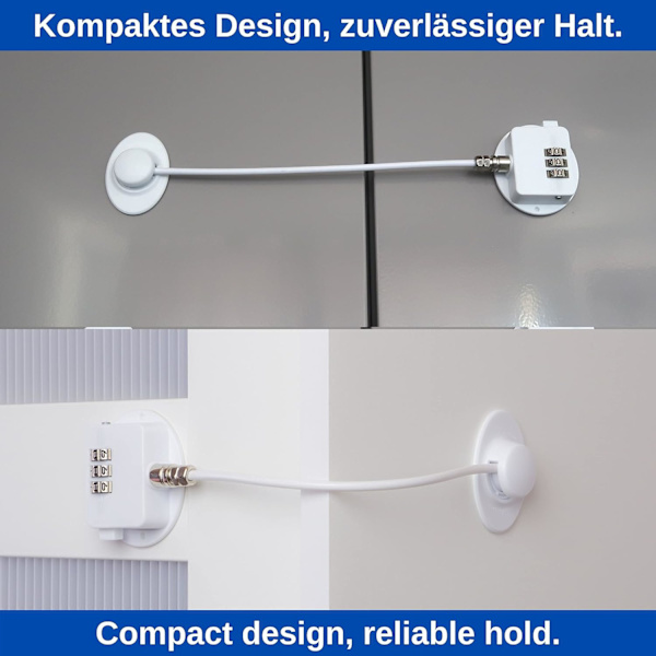 Nummerkombinasjonslås for skap, skap, kjøleskap og frysere (20,5 cm), barnesikringslås, hjemmesikkerhet, hvit, 3M lim, ingen rester