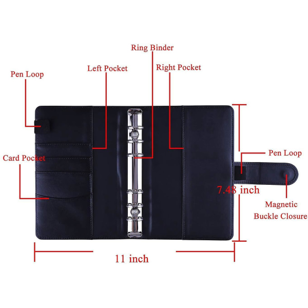 12 stk. A6 ringbindslommer løsbladsposer 6 ringbind Kontant budgetkonvoluttersystem, A6 Pu læderbindssæt Black