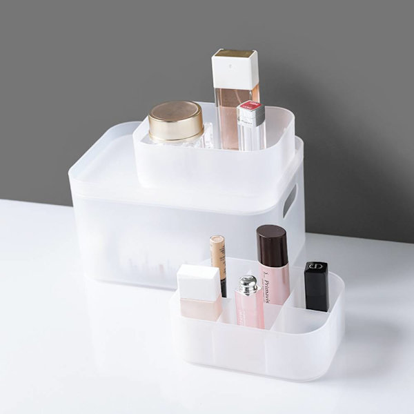 Opbevaringsboks med frostet rum i plast, kosmetik til skrivebordet White Double（15.5*11*12cm）