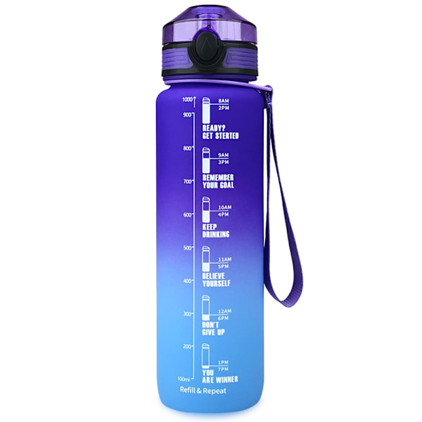 1 liter Stor Vattenflaska med Tidsmarkör Vatten Flaska Flip Lock Sportflaska Lila-Blå Purple-Blue