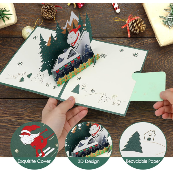 3D Pop Up -kortti joulukortti, kaunis joulupukin onnittelukortti kirjekuorella (ski)